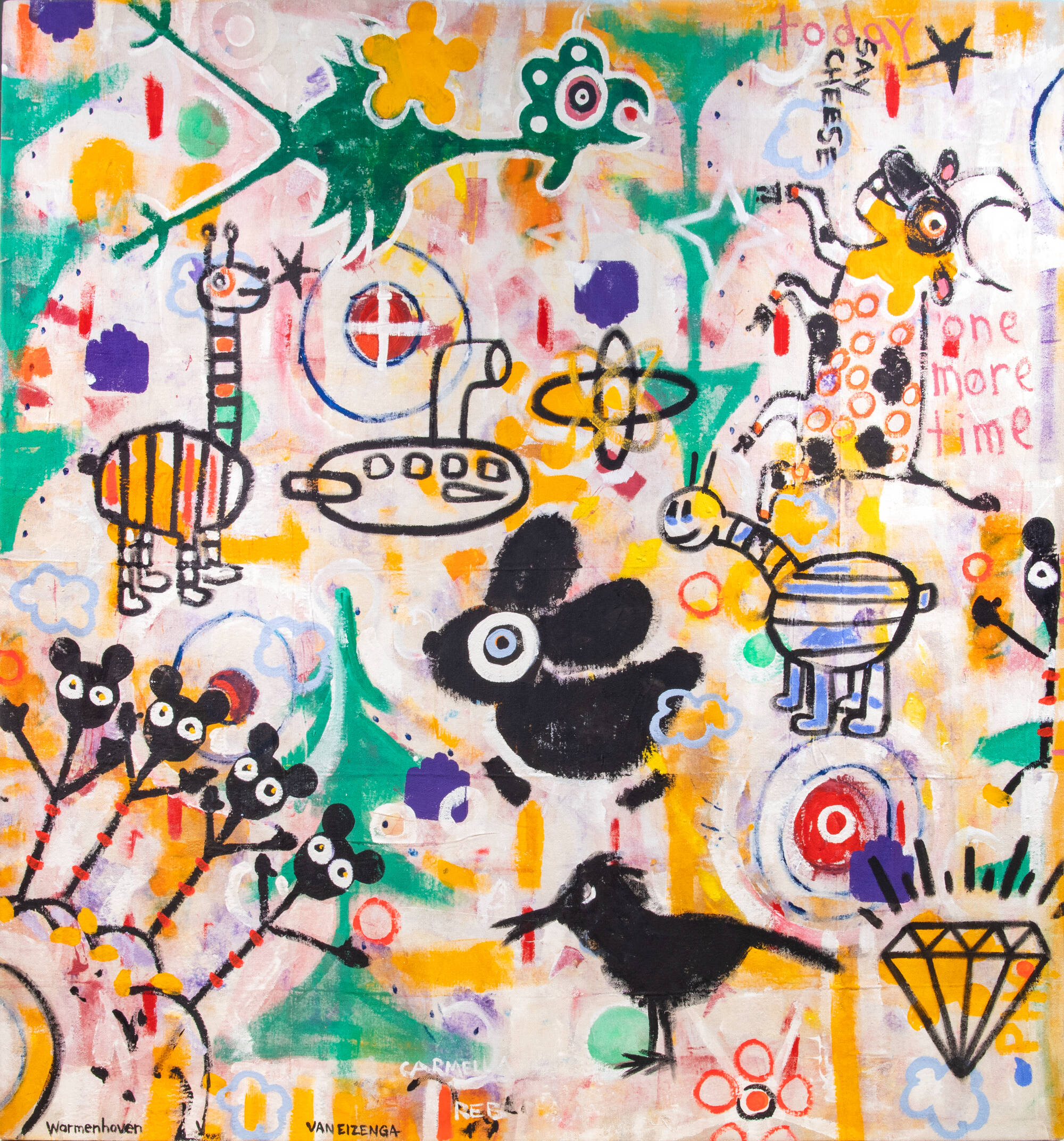 Colorful grafitti-like painting with many small iconographic images like a bird, a submarine, a diamond, and a giraffe.